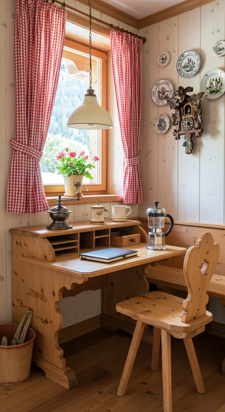 Escritorio de pino en un rincón de estilo alpino con cortinas de cuadros.