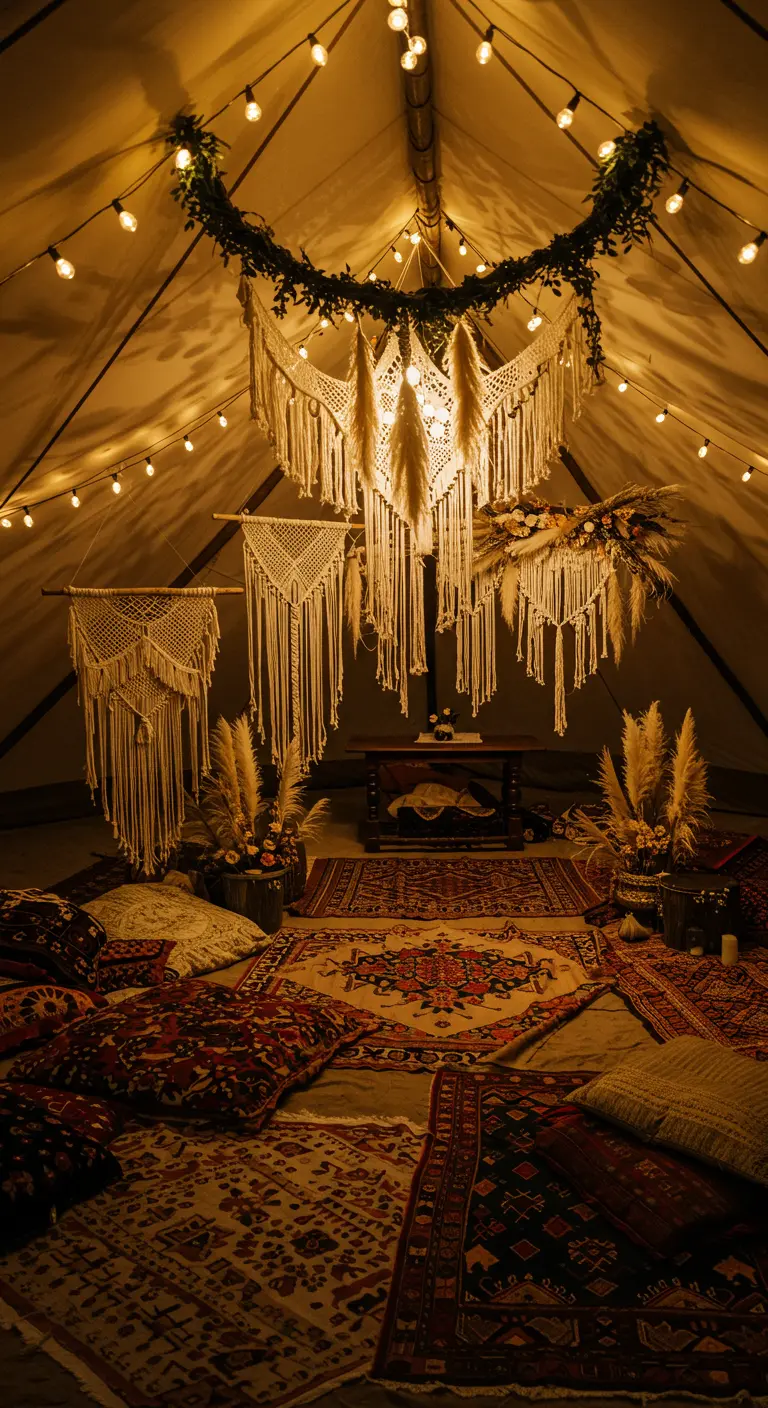 Interior de una tienda de campaña boho con luces, macramé, alfombras y cojines.