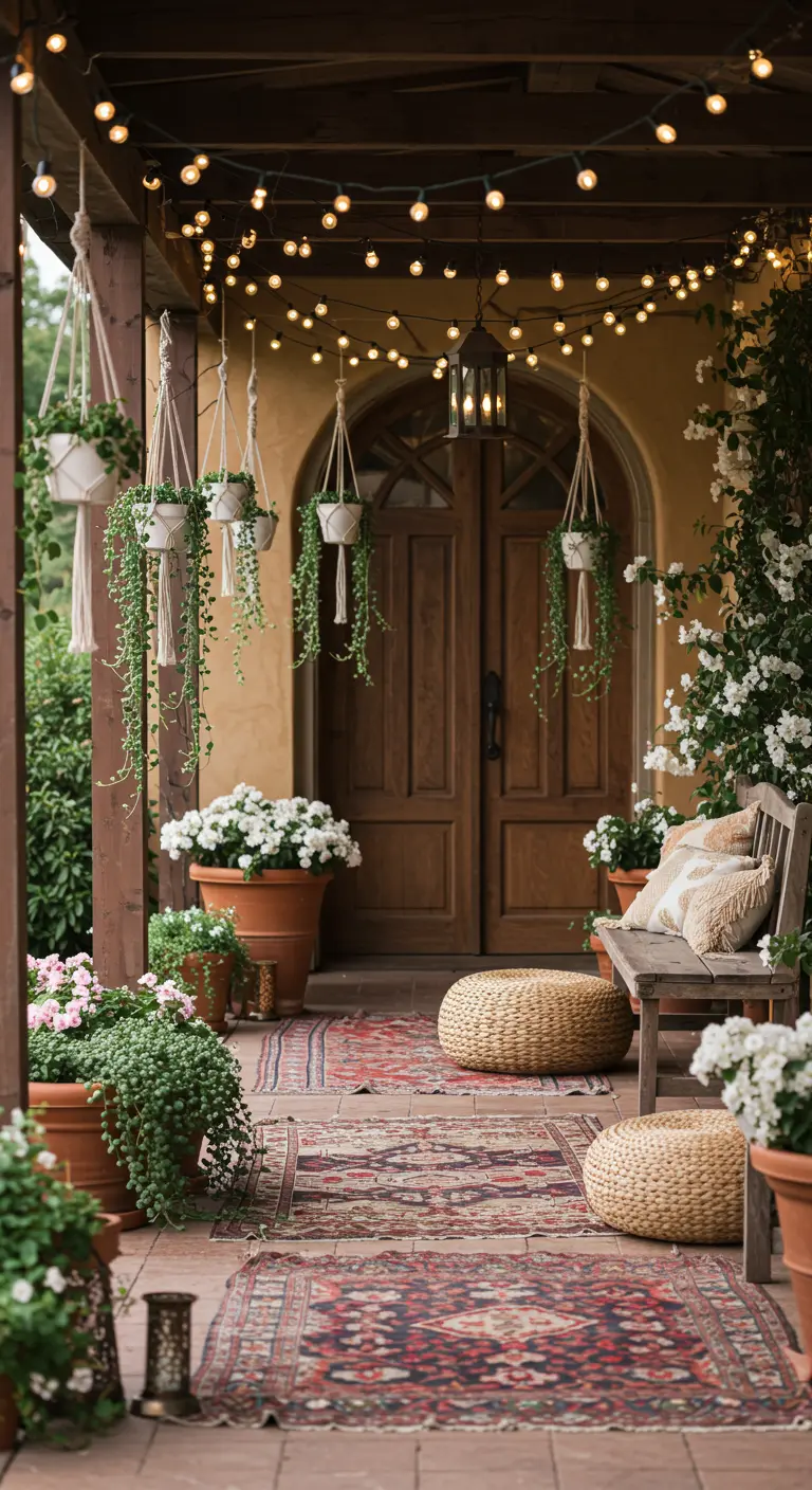 Porche de estilo bohemio con guirnaldas de bombillas, plantas colgantes en macramé, alfombras y cojines.