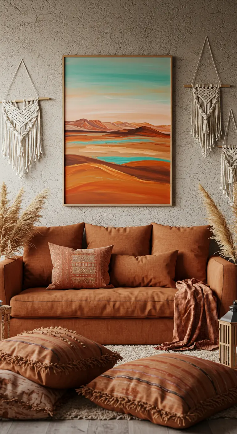 Sala bohemia en tonos tierra con sofá terracota, cojines y tapices de macramé.