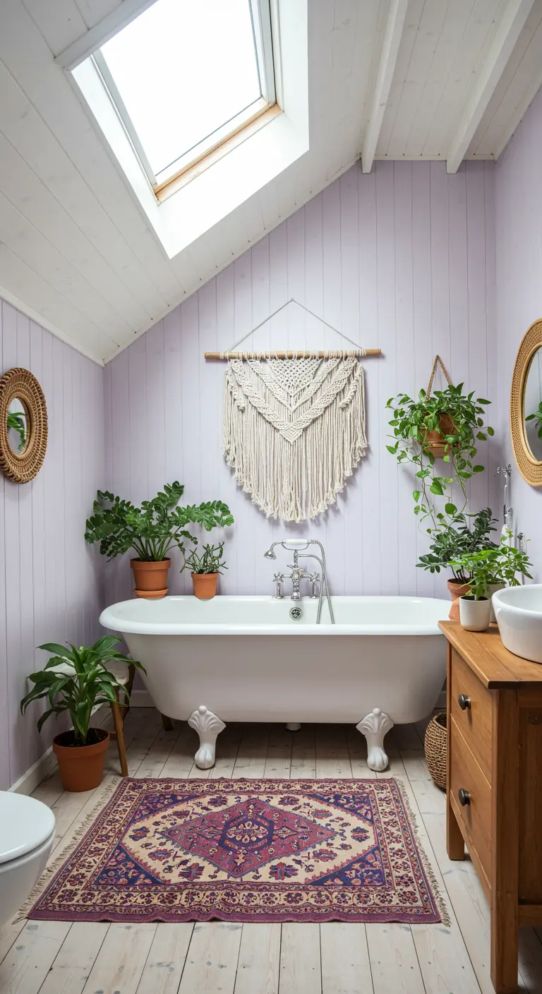 Baño bohemio abuhardillado con paredes de color lavanda, plantas y un tapiz de macramé