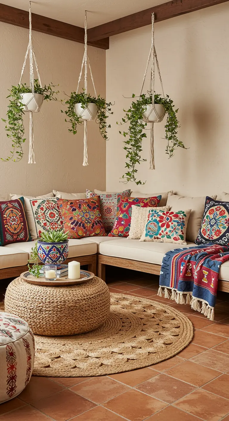 Rincón de un patio con sofá esquinero lleno de cojines de colores, alfombra de yute y plantas colgantes.