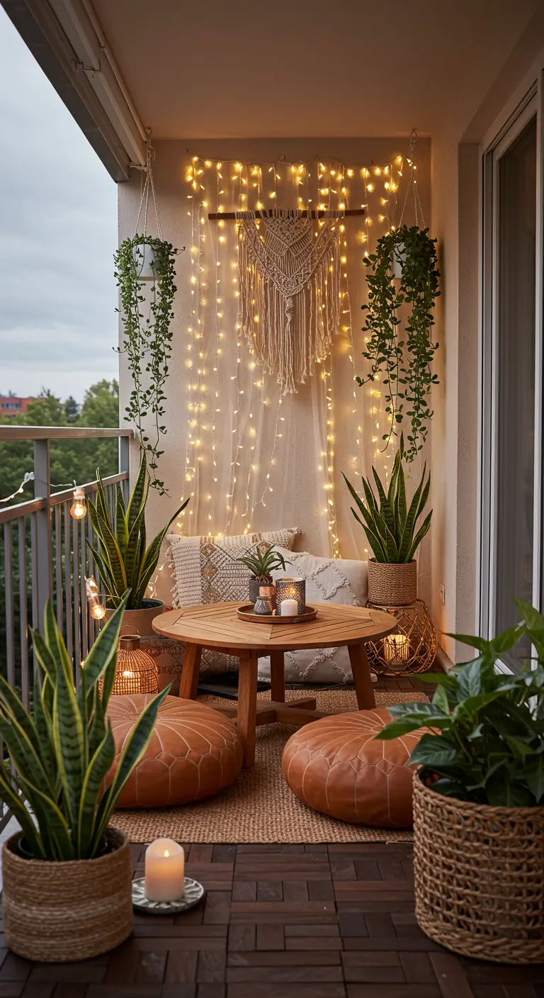 Balcón bohemio con cortina de luces, tapiz de macramé y cojines de cuero en el suelo.