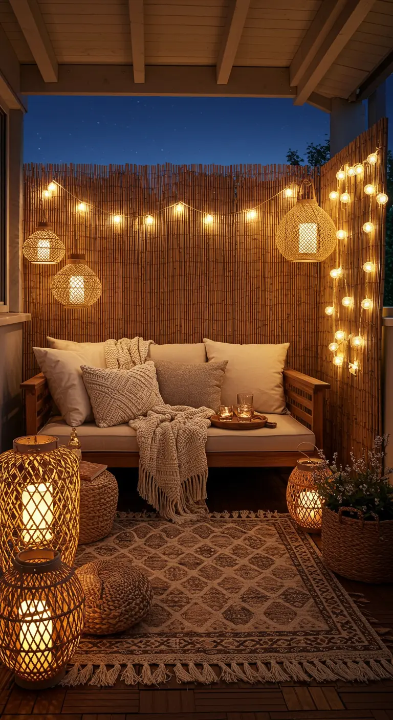 Acogedor balcón bohemio con sofá de madera, cojines texturizados y múltiples farolillos de mimbre.