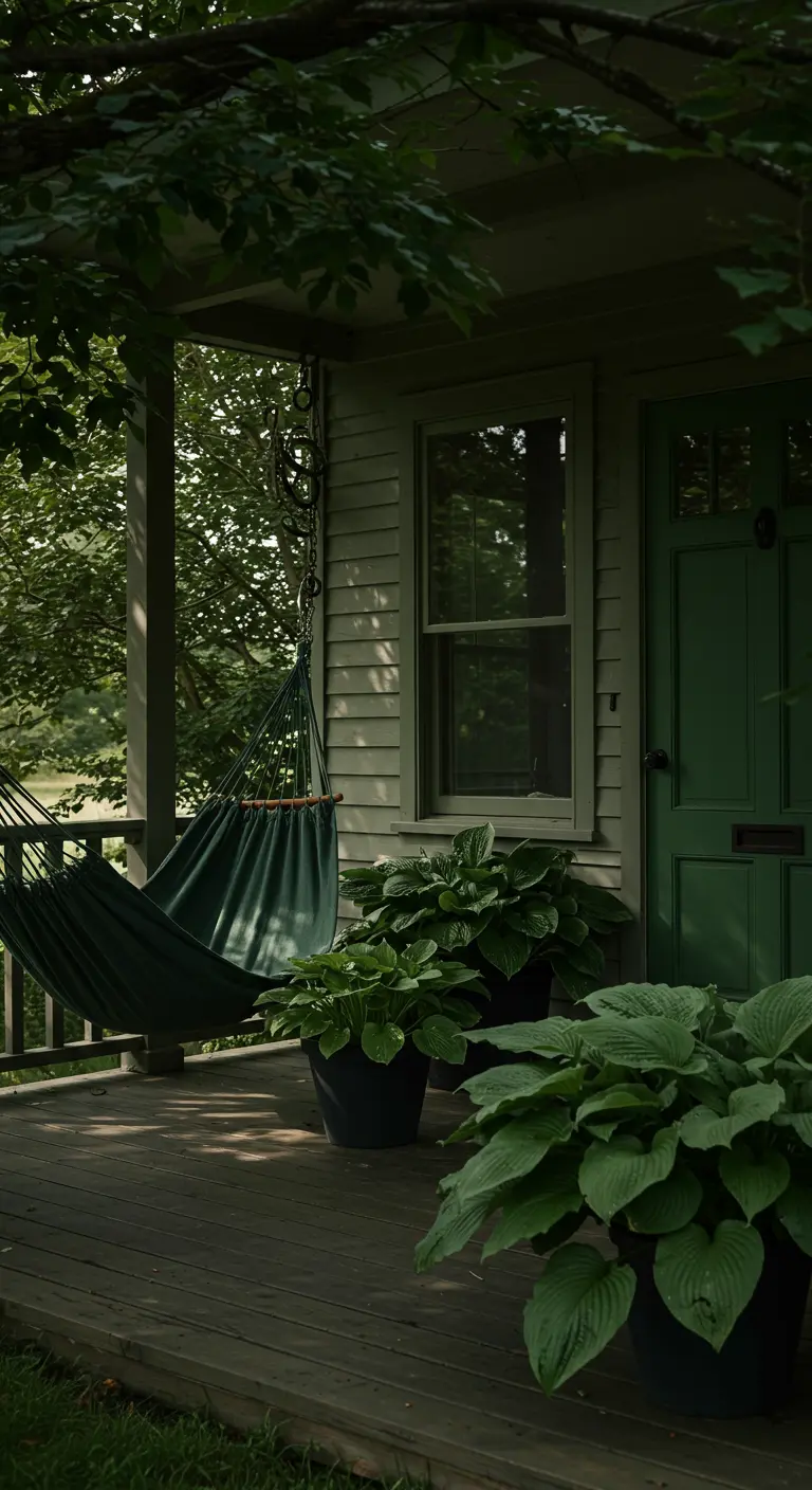 Porche de madera y paredes verdes, con una hamaca silla y macetas con plantas de hosta.