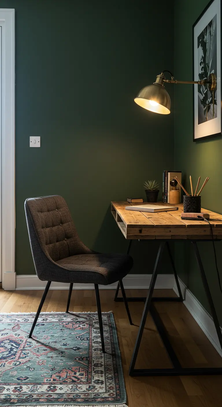 Oficina con una pared verde oscuro, escritorio de madera y una lámpara de latón.