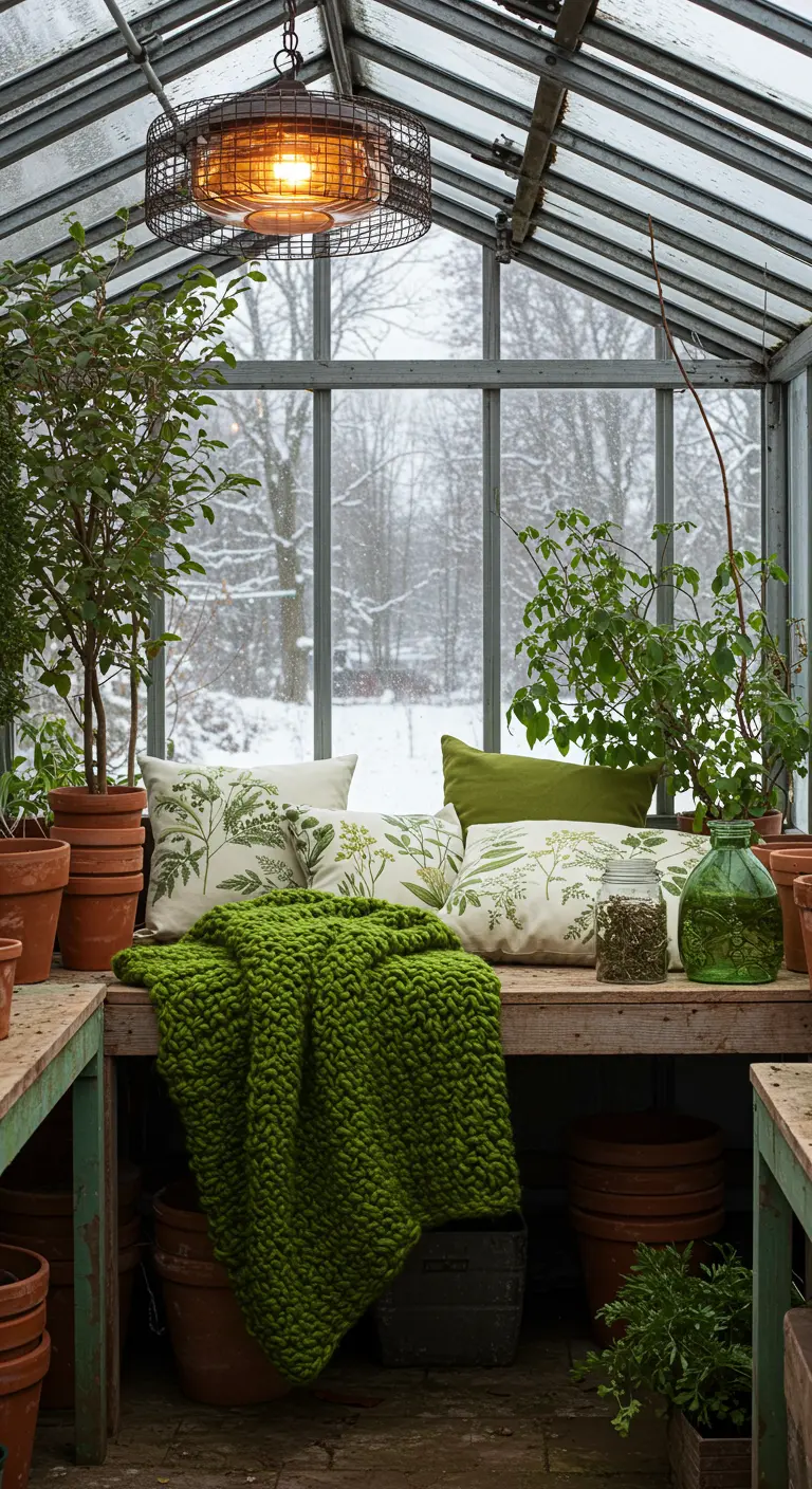 Invernadero con un banco, cojines con estampado de hojas y una manta verde de punto grueso.