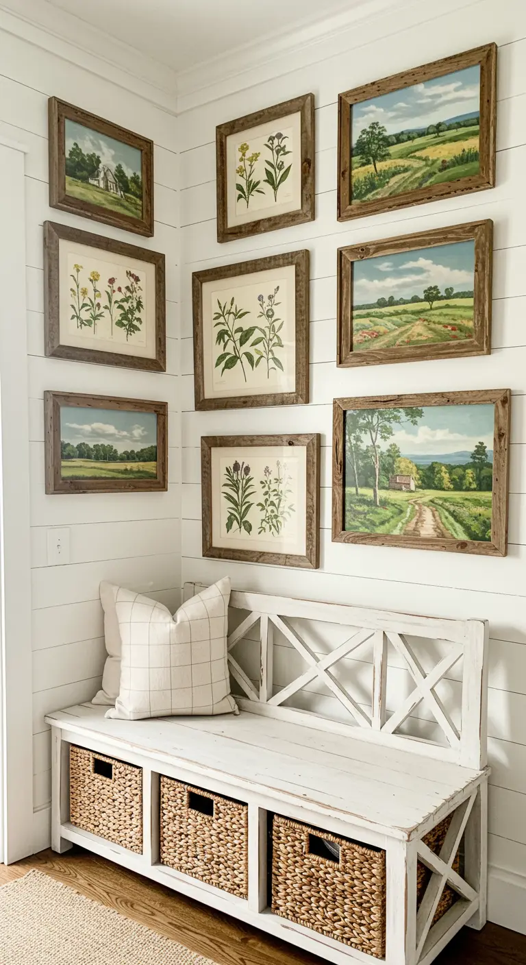 Rincón de estilo farmhouse con banco blanco, cestas de mimbre y cuadros botánicos en la pared.