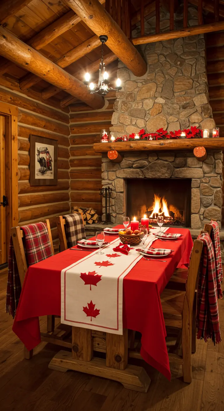 Mesa de comedor con mantel rojo y camino con hojas de arce frente a una chimenea de piedra.