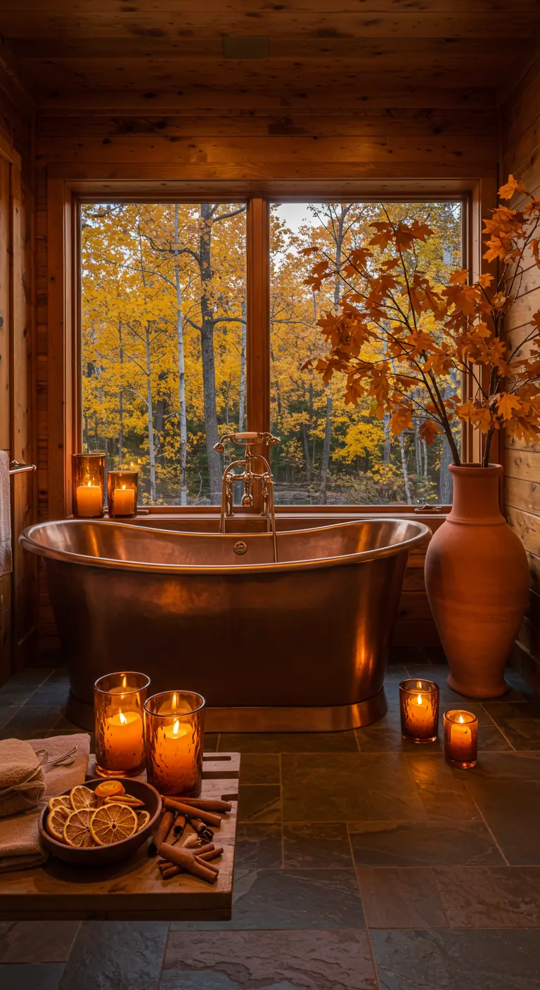 Baño rústico con bañera de cobre, velas y rodajas de naranja seca junto a una ventana otoñal.