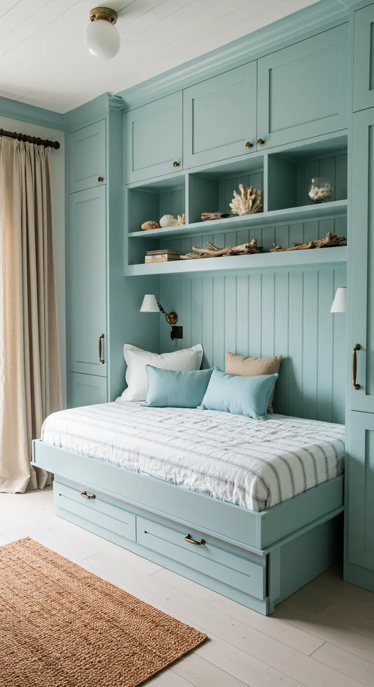 Cama abatible en un mueble empotrado de color azul pálido con estanterías y cajones.