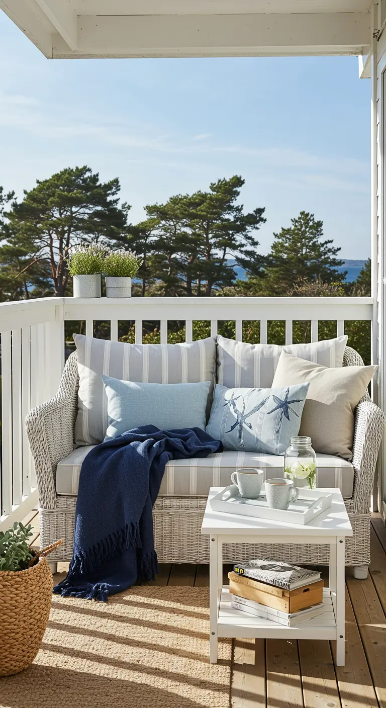 Porche con sofá de mimbre blanco, cojines azules y vistas al mar y los árboles.
