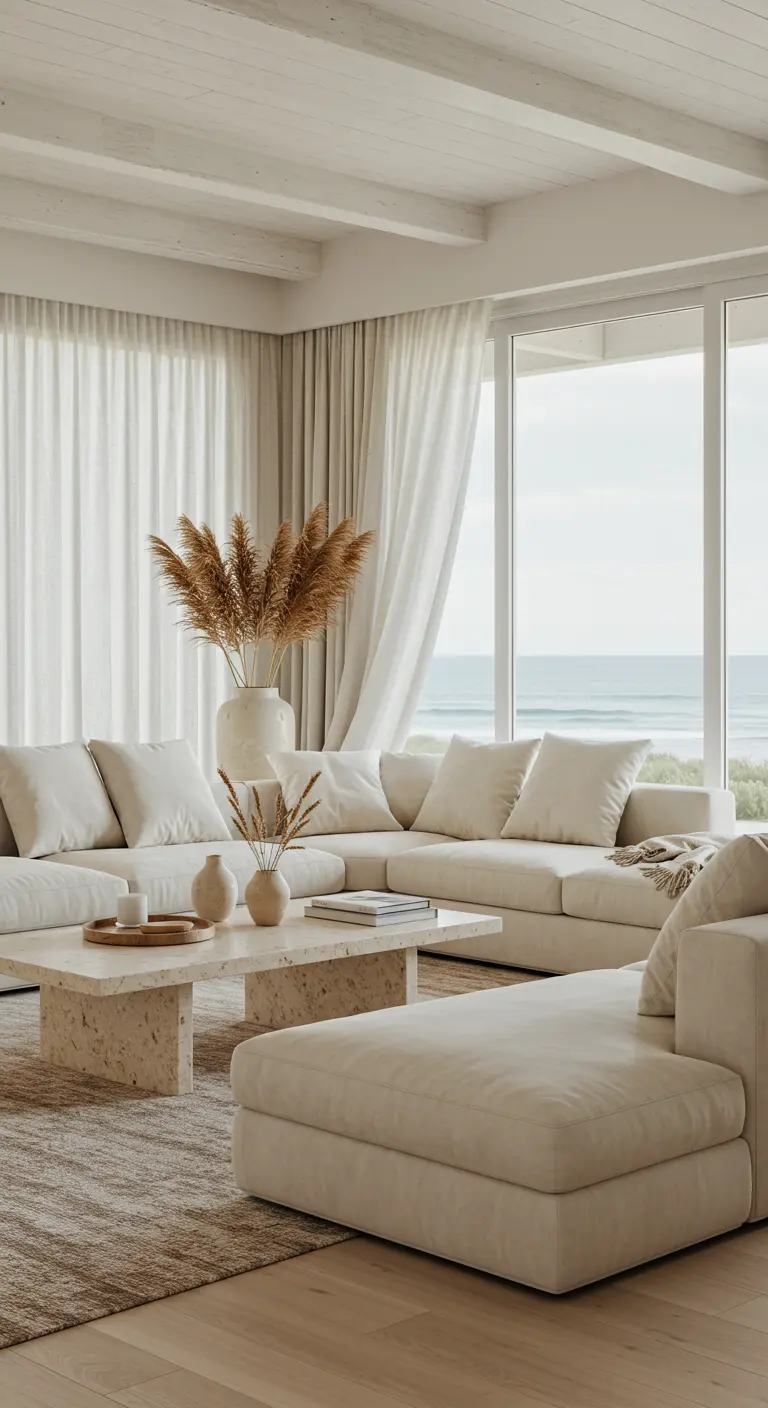 Salón costero con un gran sofá de lino color crema y vistas al mar.