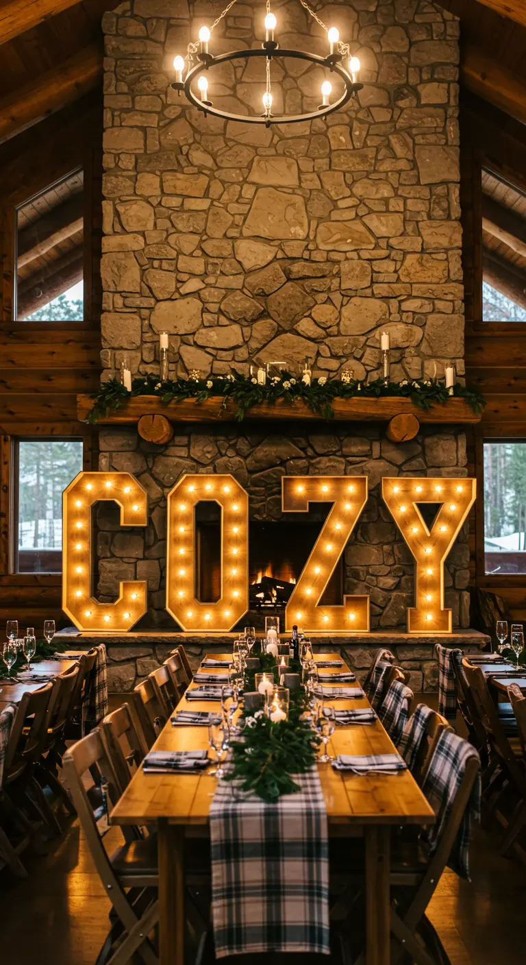 Letras luminosas que dicen COZY frente a una gran chimenea de piedra en una cabaña rústica.