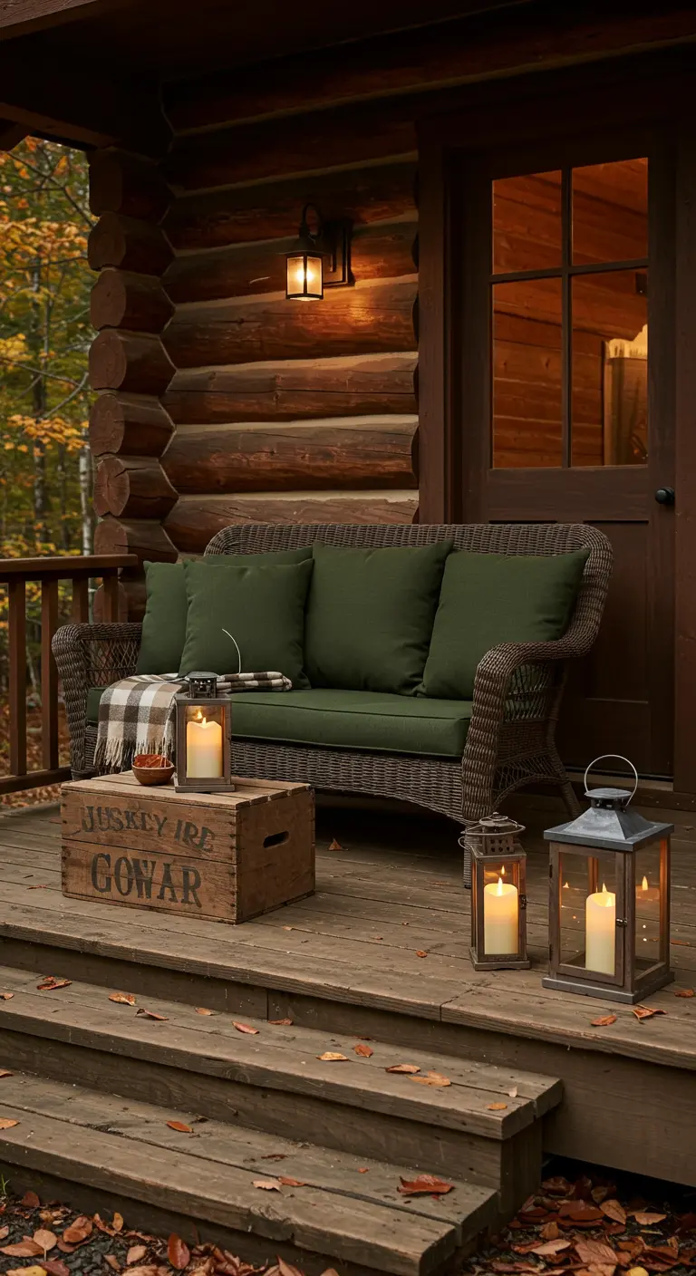 Porche rústico de cabaña con sofá de mimbre, faroles con velas y una caja de madera como mesa.