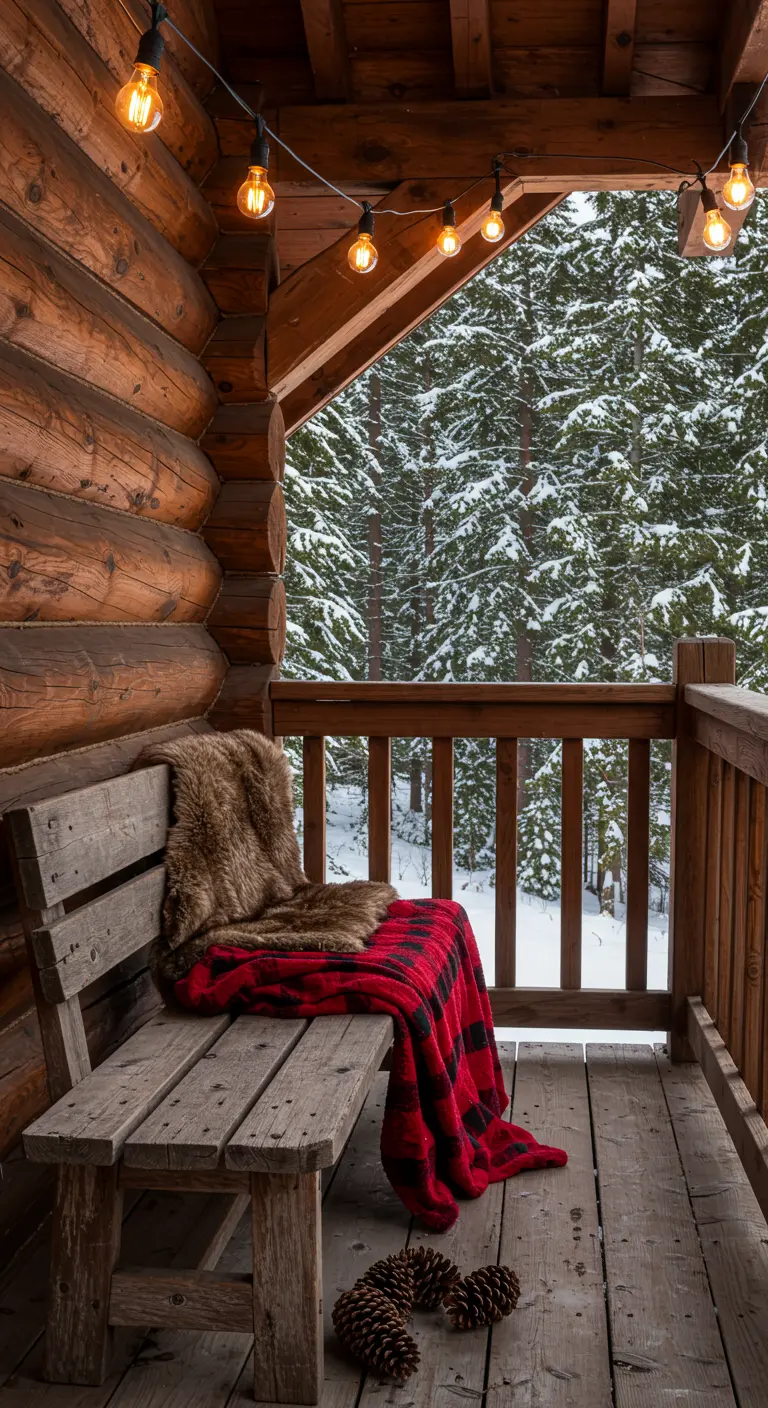 Porche de cabaña de madera con banco rústico, manta de tartán y cojín de piel.