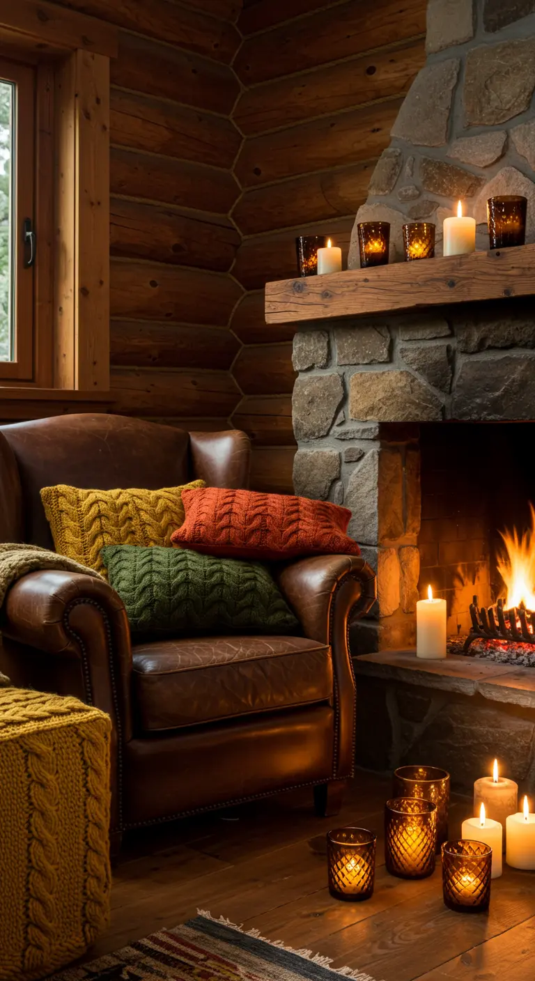 Sillón de cuero junto a una chimenea de piedra con cojines de lana y muchas velas.