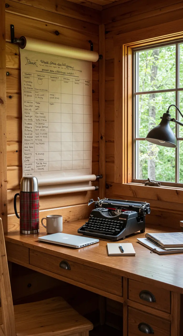 Escritorio de madera en una cabaña con un planificador en rollo de papel y una máquina de escribir.