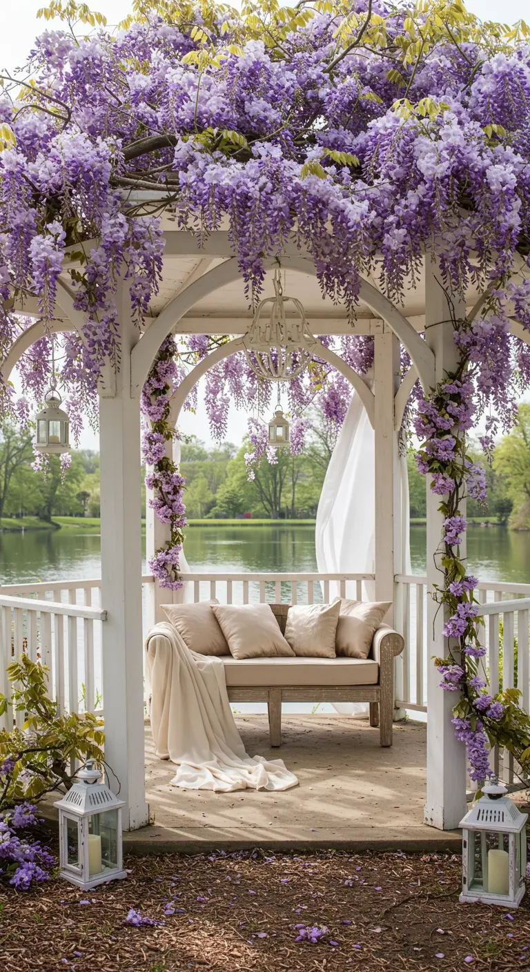 Cenador blanco junto a un lago, cubierto de glicinas moradas y con un sofá beige.
