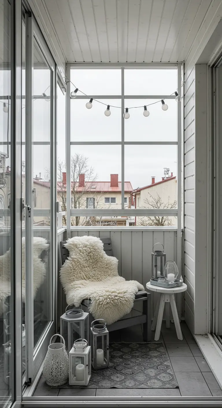 Balcón acristalado con sillón gris, manta de piel de oveja, farolillos y guirnalda de luces.