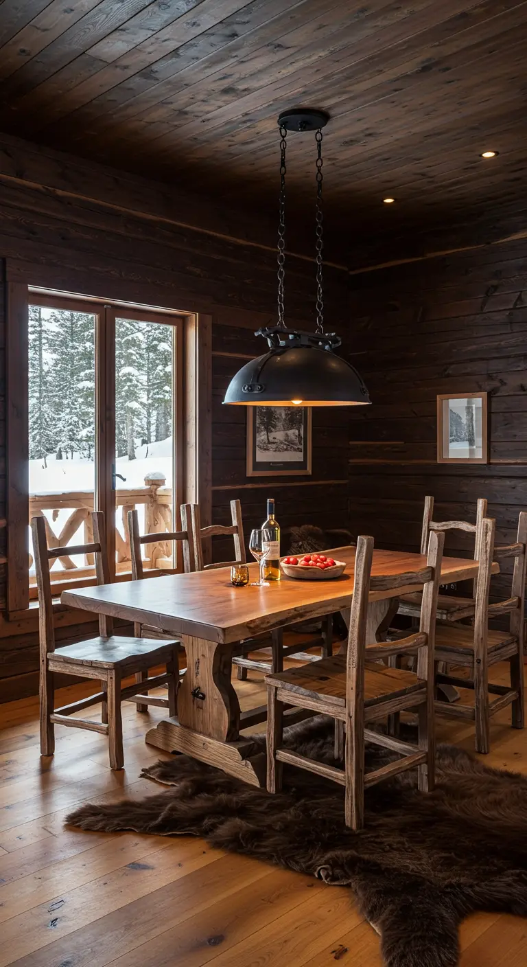 Comedor de cabaña con paredes de madera oscura, mesa rústica y lámpara industrial colgante