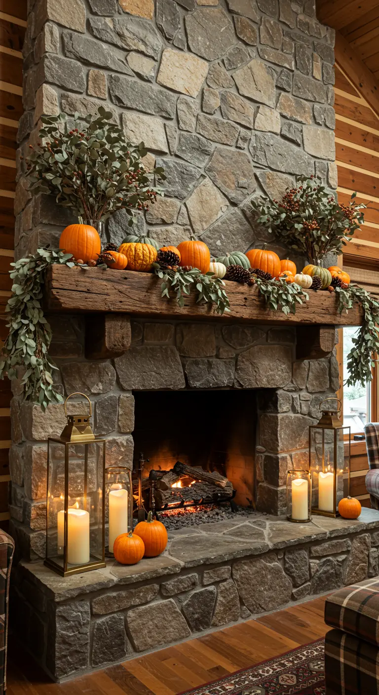 Chimenea de piedra con repisa de madera rústica, calabazas, eucalipto y grandes faroles en el suelo.