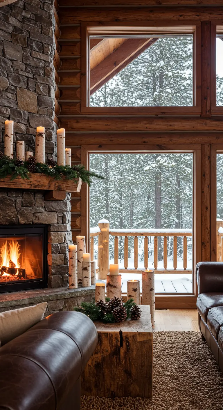 Salón de una cabaña de madera con chimenea y múltiples velas de abedul en la repisa y la mesa.