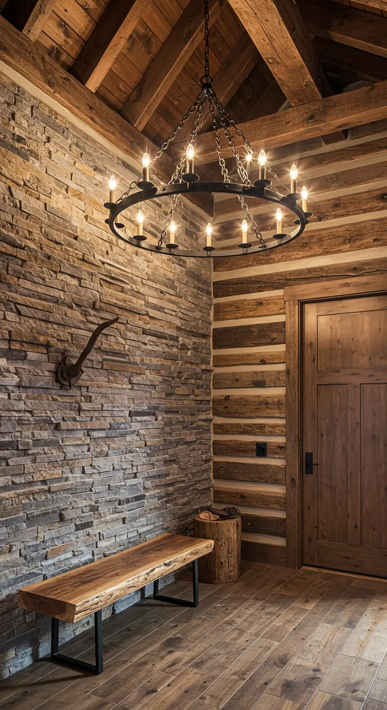 Entrada rústica con pared de piedra, techo de madera y una lámpara de araña de hierro forjado.