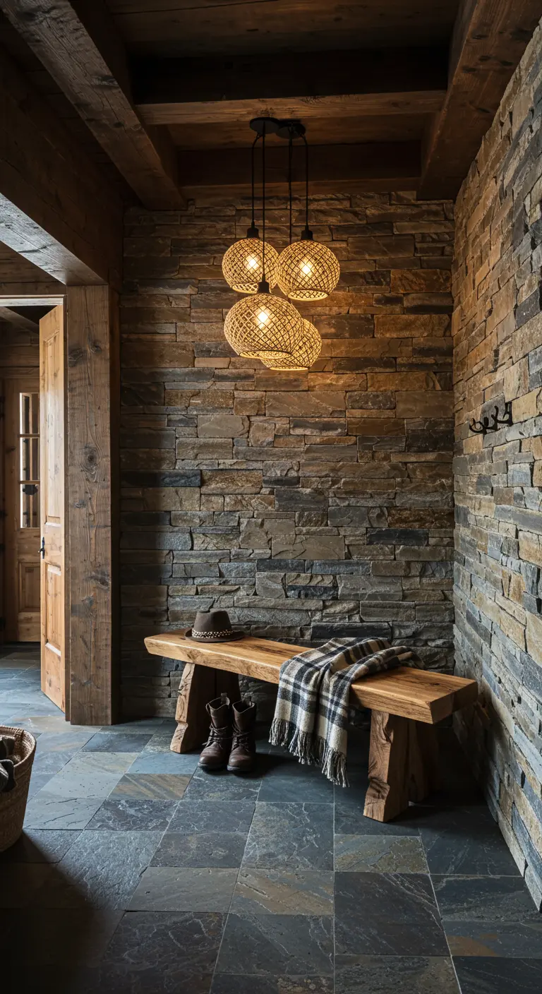 Rincón de entrada con pared de piedra, banca de tronco y tres lámparas de mimbre colgando