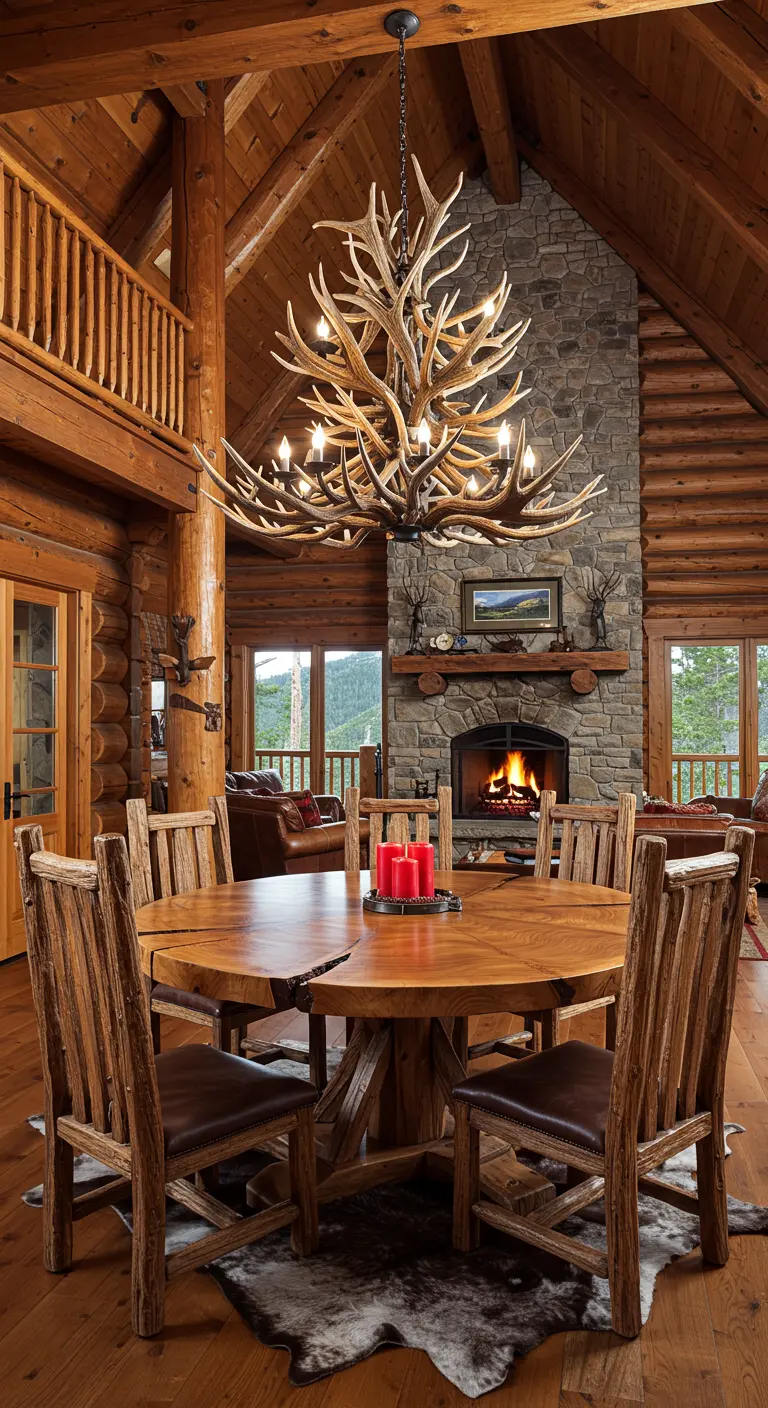 Comedor de estilo cabaña con mesa de madera, chimenea de piedra y lámpara de astas.
