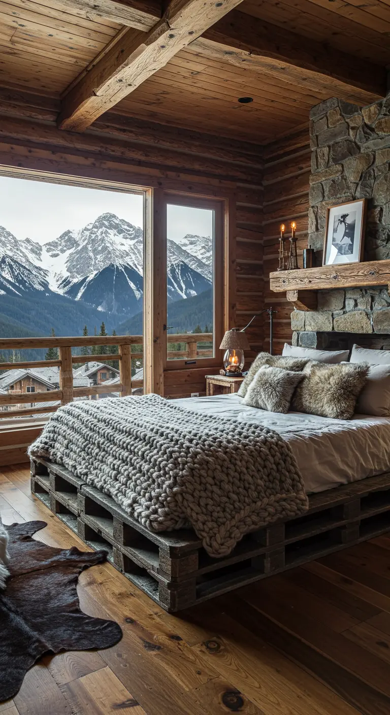 Cama de palets envejecidos en una cabaña de madera con vistas a las montañas nevadas.