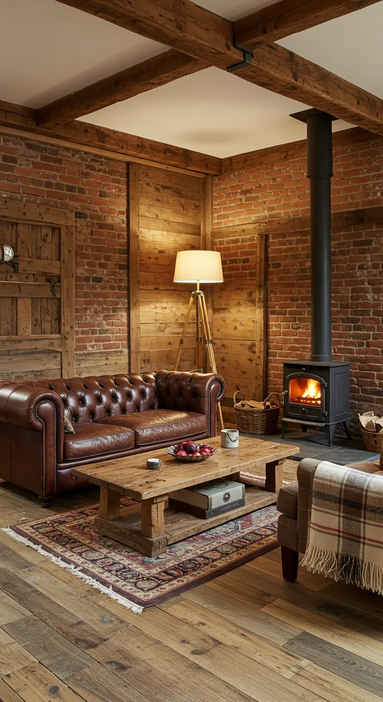 Acogedor salón industrial con paredes de ladrillo y madera, chimenea y sofá de cuero.