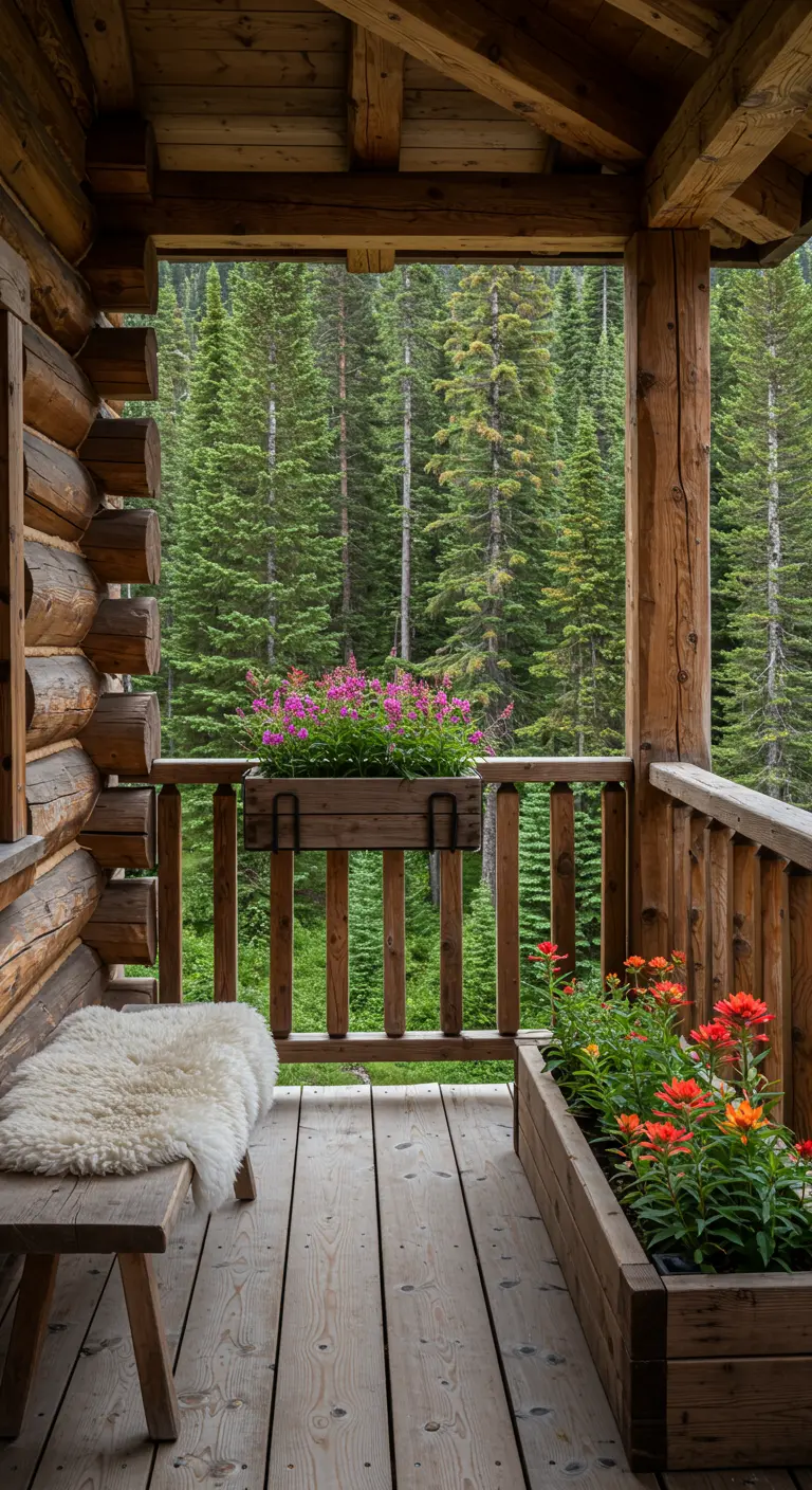 Balcón de una cabaña de madera con vistas a un bosque de pinos, con un banco y jardineras de madera.