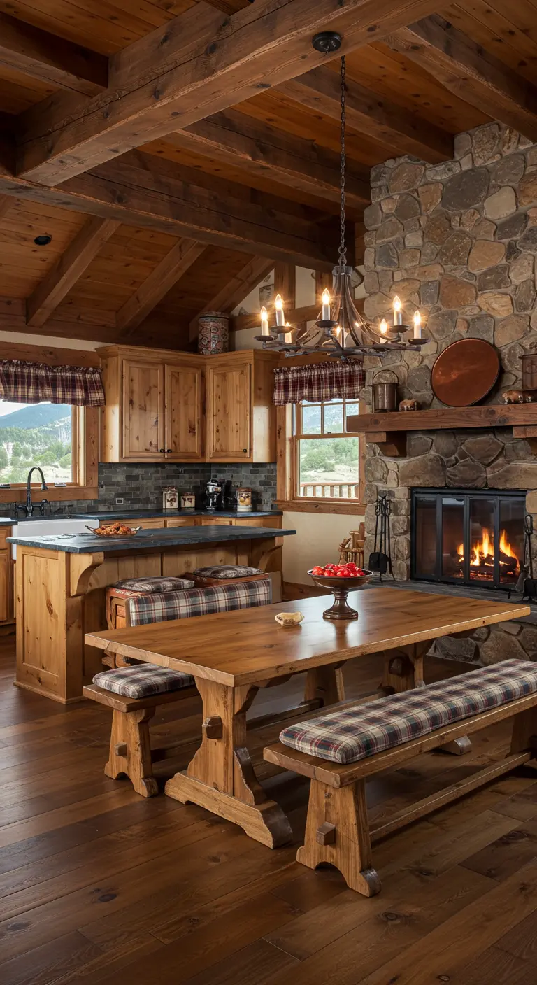 Cocina y comedor rústicos de estilo cabaña con chimenea de piedra y muebles de madera.