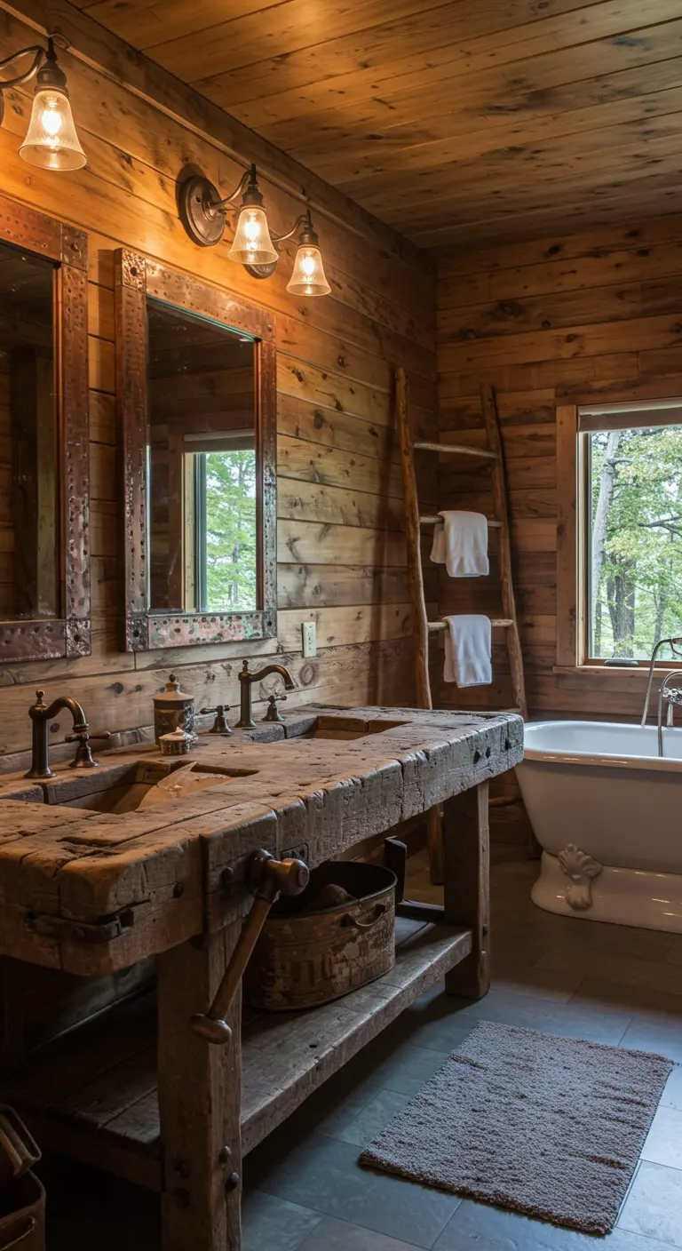 Baño rústico con paredes de madera y un banco de carpintero antiguo como mueble de lavabo.