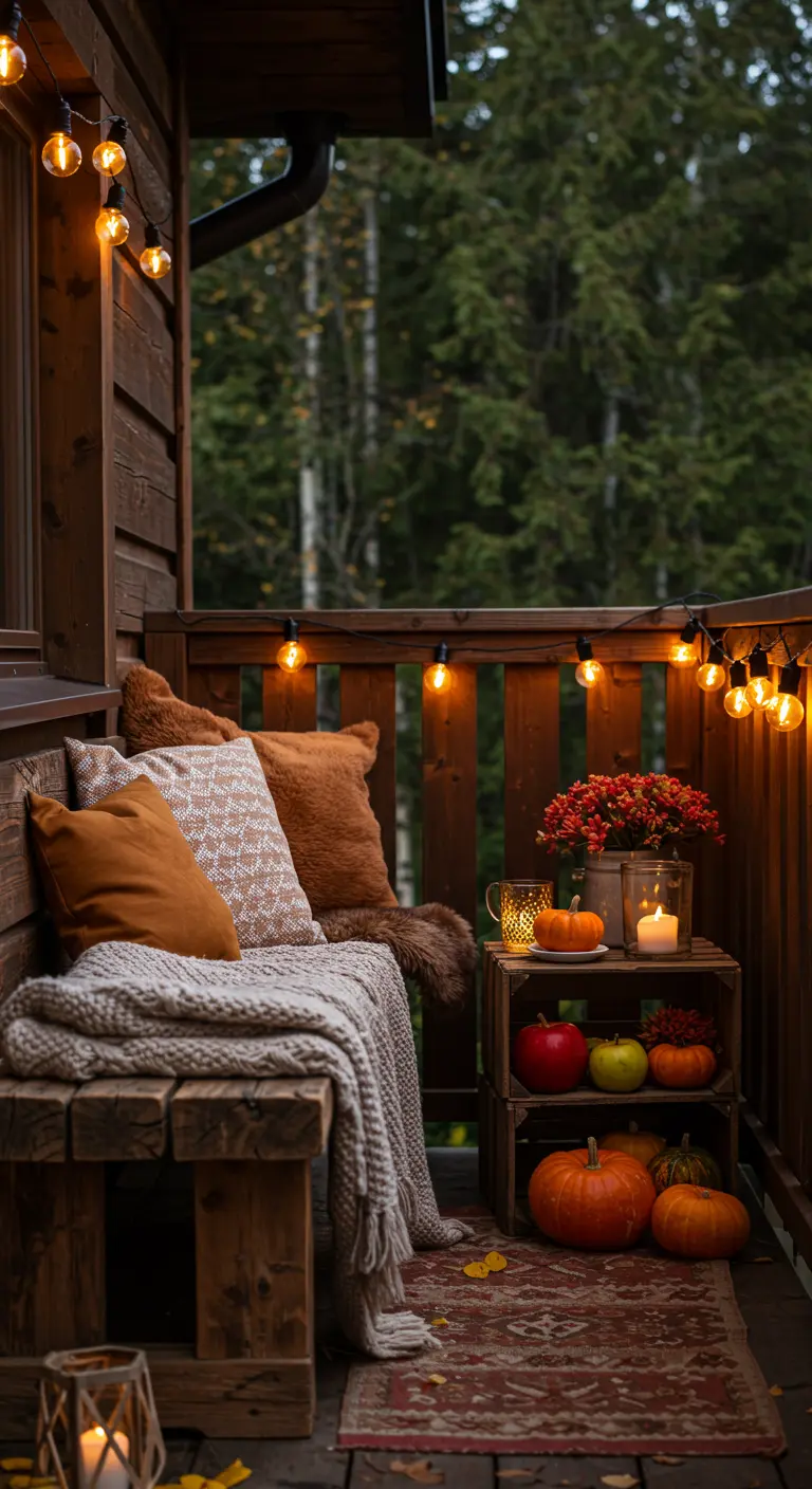 Balcón de madera decorado para el otoño con mantas, cojines, calabazas y flores de temporada