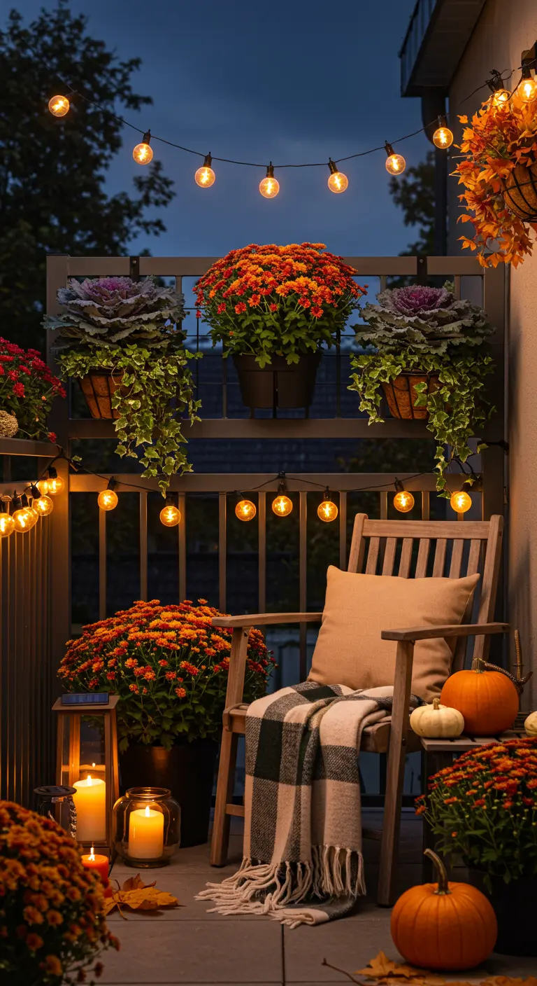 Balcón decorado para el otoño con crisantemos, calabazas, una manta de cuadros y luces cálidas.