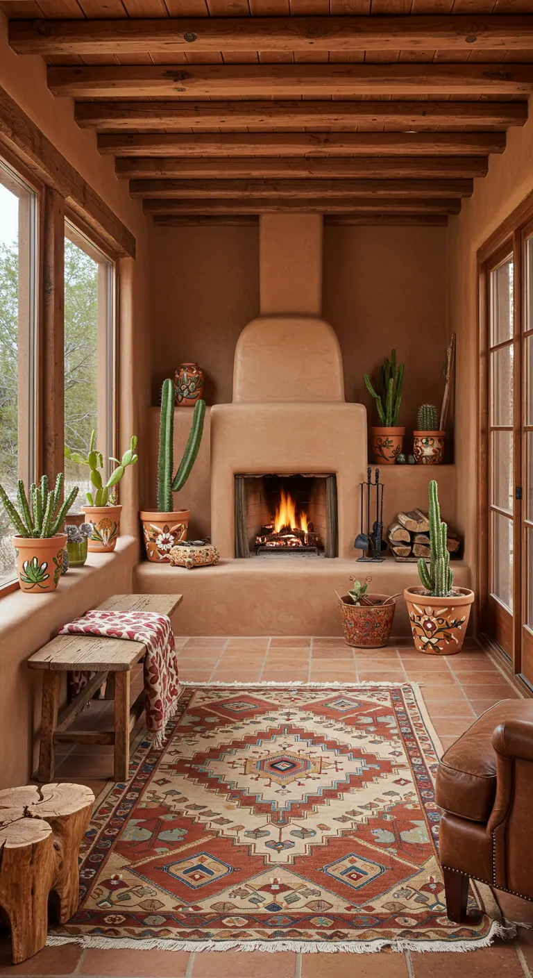 Porche de estilo suroeste con chimenea kiva, paredes de terracota y decoración con cactus.