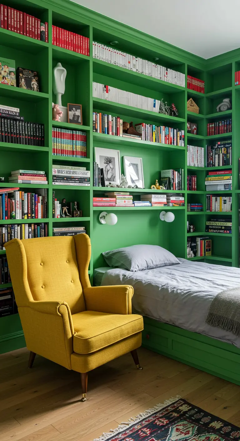 Dormitorio con estanterías empotradas de color verde que cubren las paredes, llenas de libros.