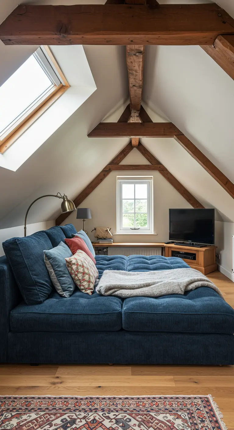 Sofá modular de pana azul en un acogedor ático con vigas de madera a la vista.