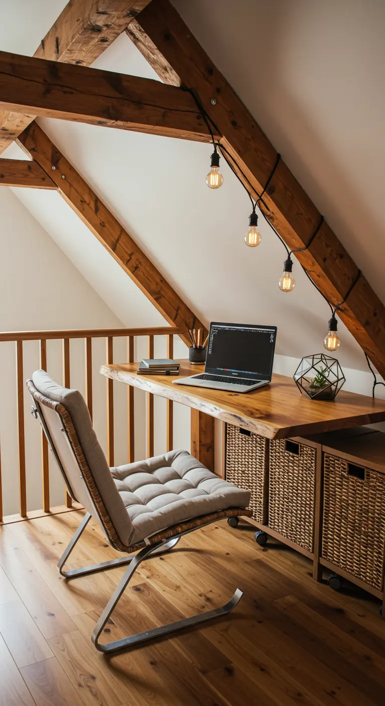 Oficina en un ático con vigas de madera, escritorio de borde natural y luces Edison.