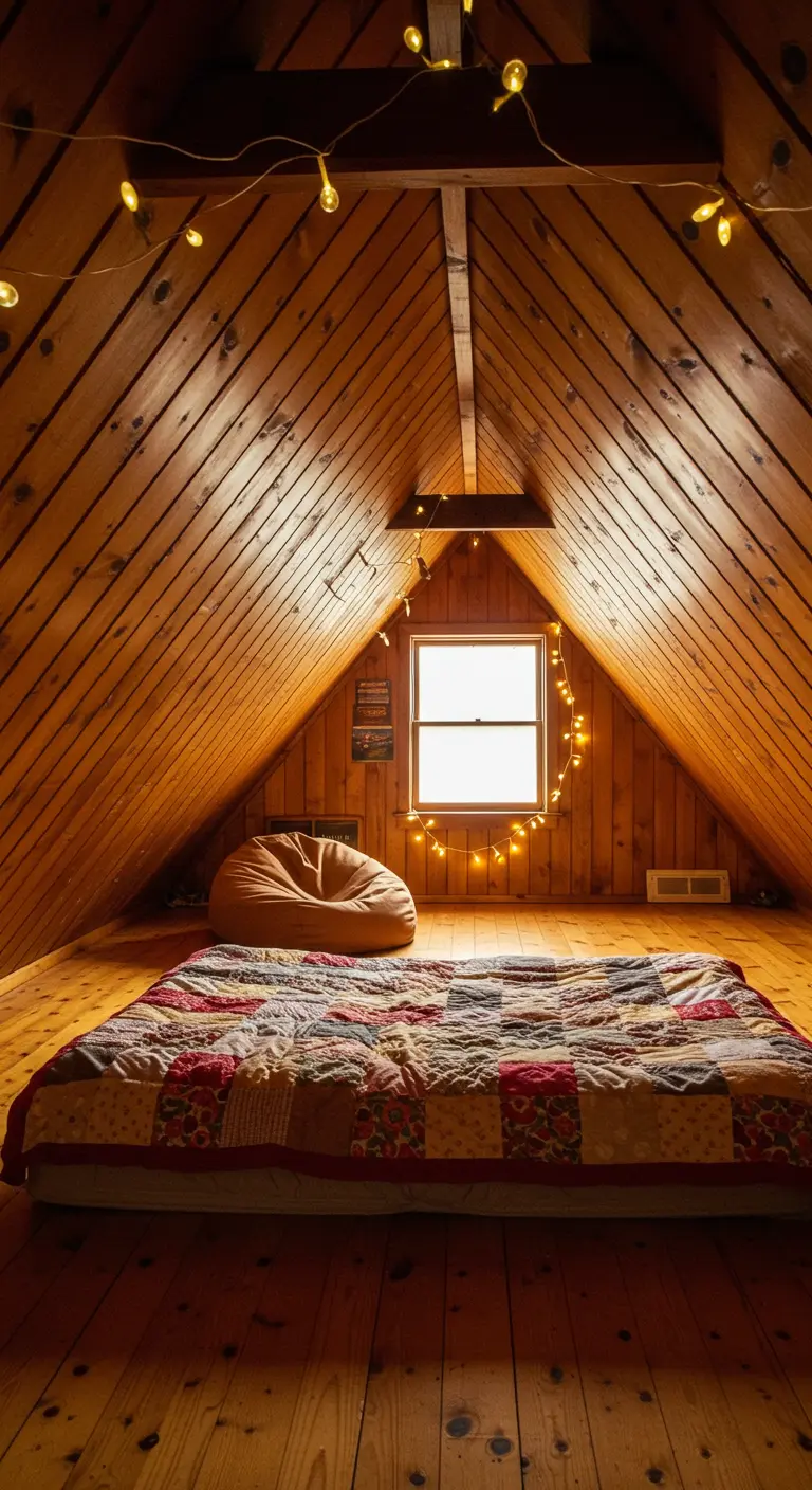 Ático de madera con un colchón en el suelo cubierto por una colcha de patchwork y luces cálidas.