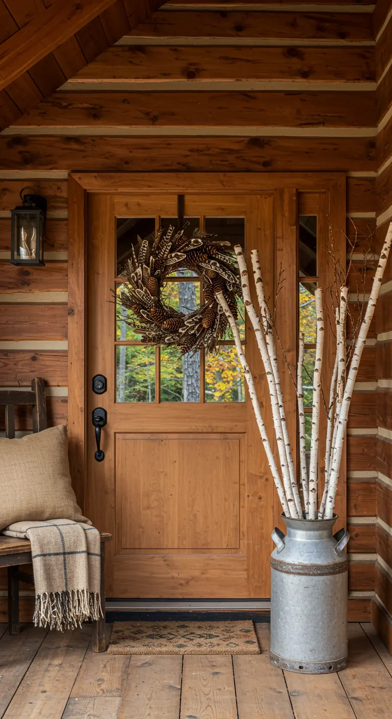 Entrada de cabaña de madera con corona de piñas y un lechero con ramas de abedul.