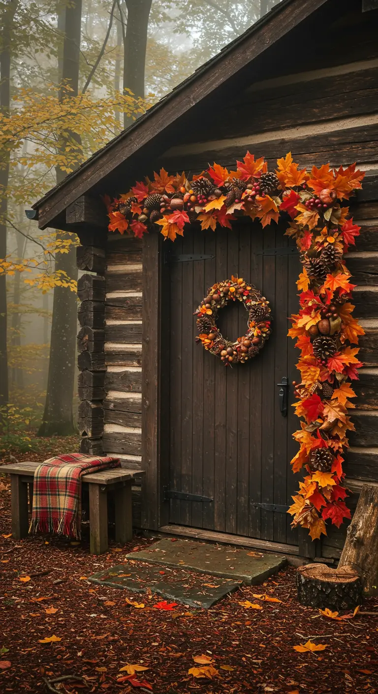 Corona y guirnalda otoñales en la puerta de una cabaña de madera.