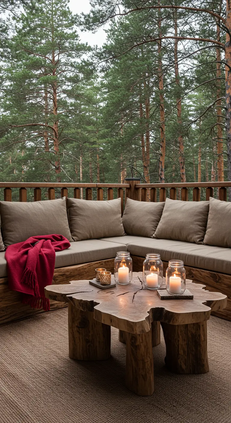 Balcón rústico de madera con un gran sofá, mesa de tronco y velas, rodeado de un bosque.