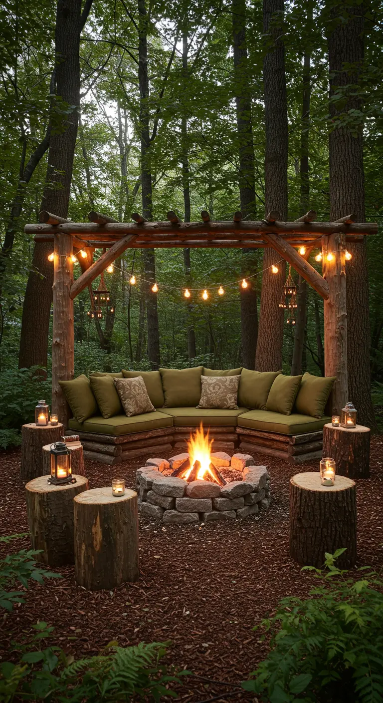 Pérgola de troncos en el bosque con hoguera y sofá verde.