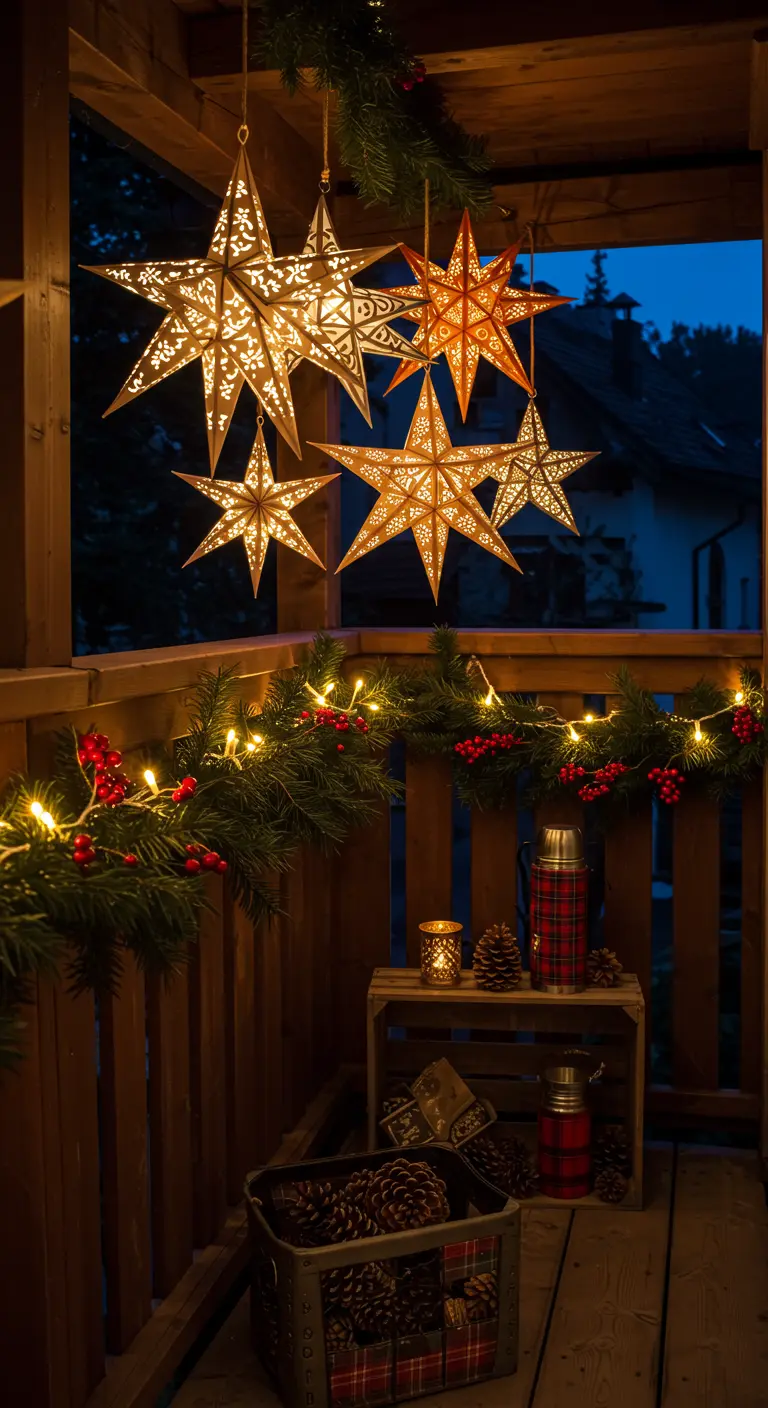 Porche de madera con estrellas de papel iluminadas colgando y una guirnalda con bayas rojas.
