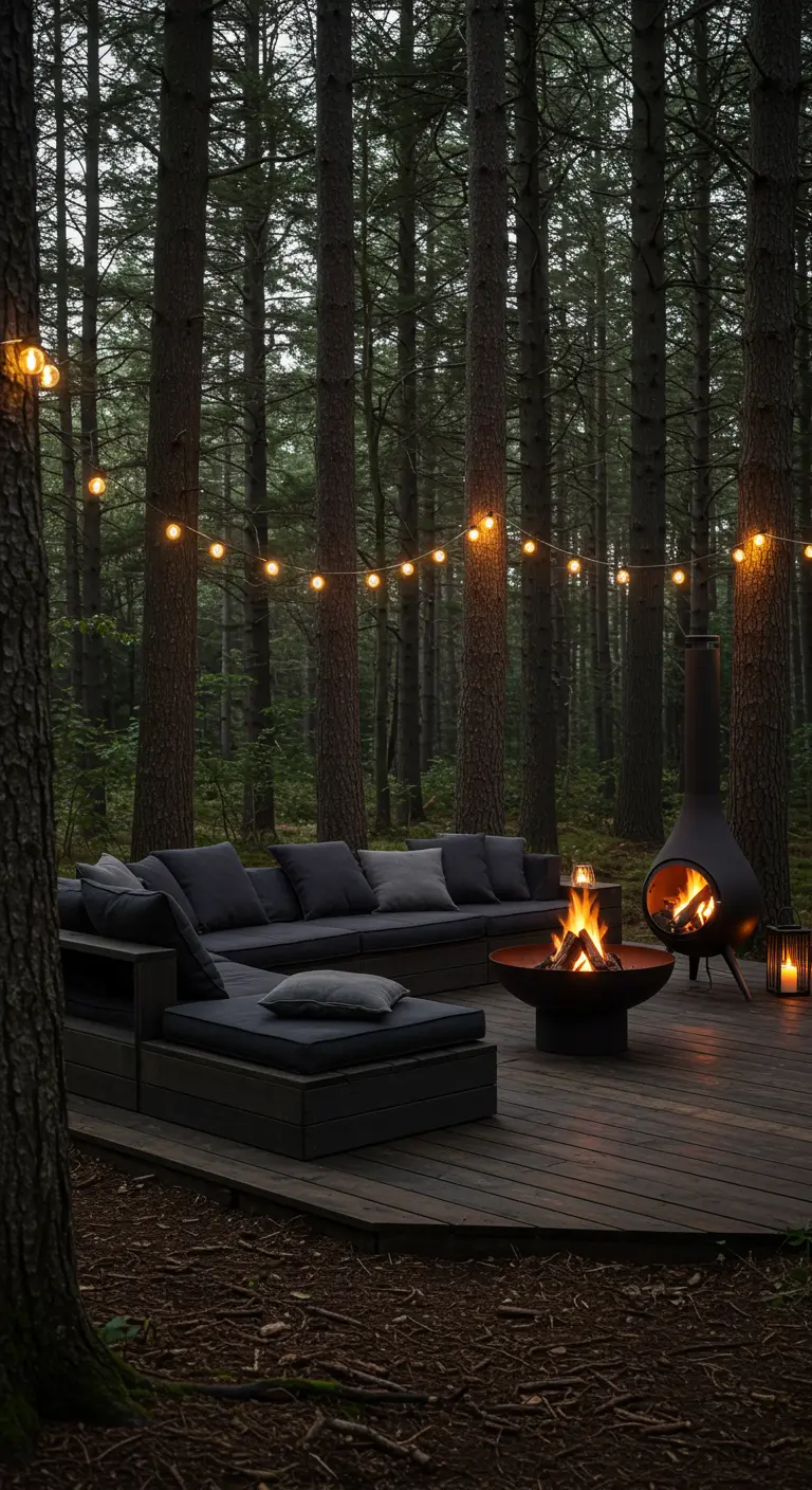 Sofá modular oscuro en una tarima de madera en medio de un bosque, con brasero y luces.