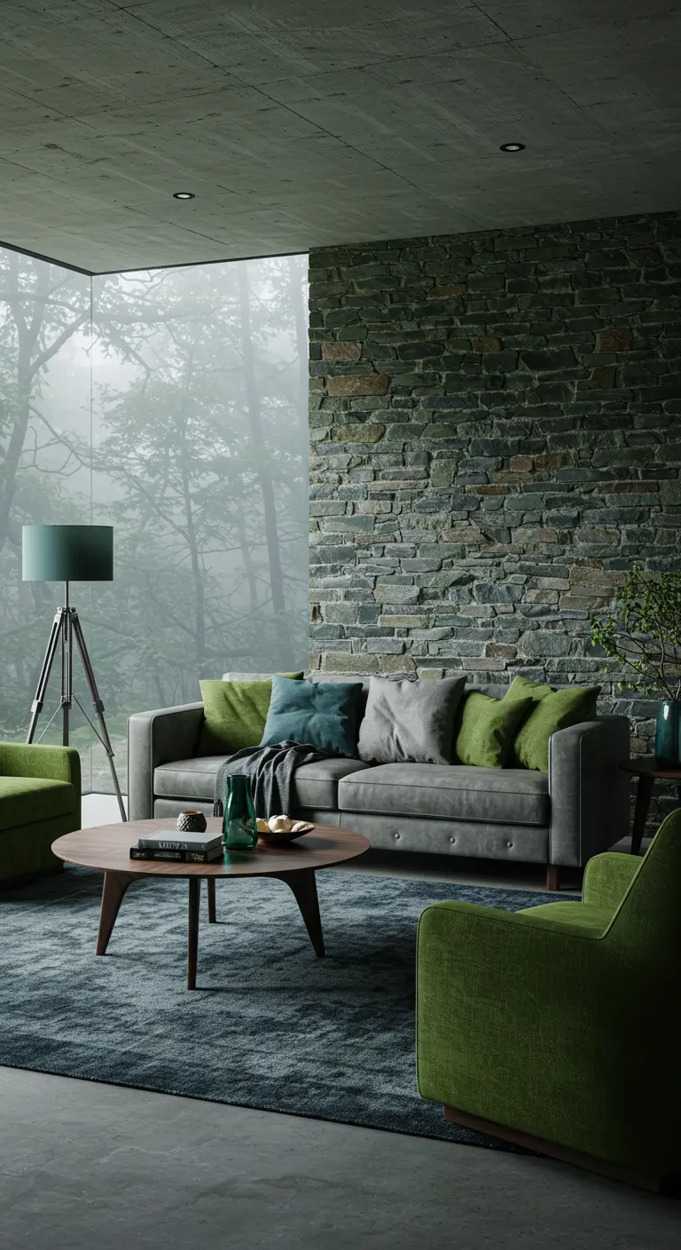 Sala de estar moderna con pared de piedra, sofá gris y vistas a un bosque neblinoso.