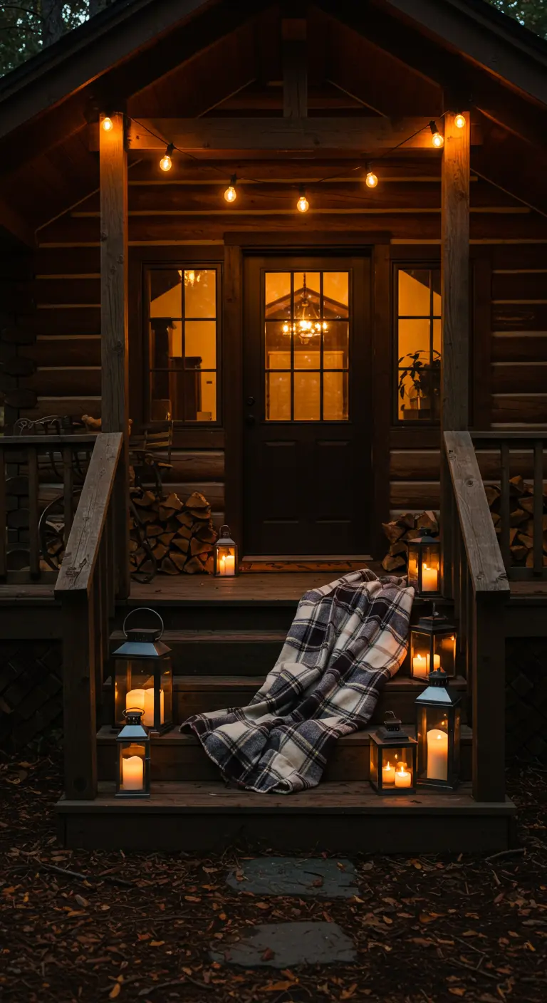 Porche de una cabaña de madera iluminado por la noche con faroles y una manta de cuadros.